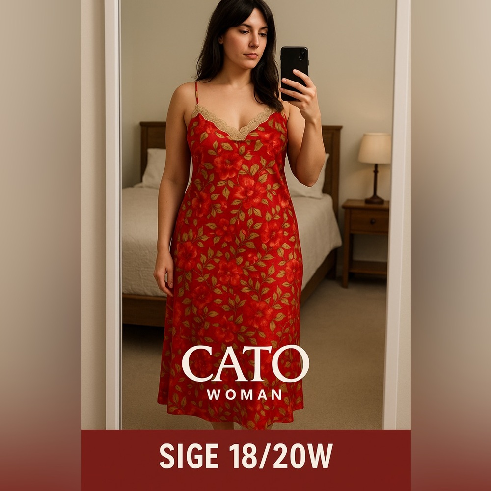 Cato Woman 18/20W Red Floral Satin Slip Dress Lace Trim Full Length
